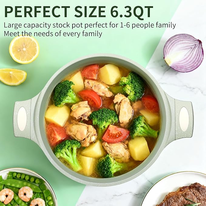 Nonstick Stock Pot with Lid 6.6QT, Large Soup Pot & Pasta Pot - Healthy Non-Toxic Granite Coating 100% PFOA/PFAS Free-Induction Compatible All Stoves - Cool-Touch Handles