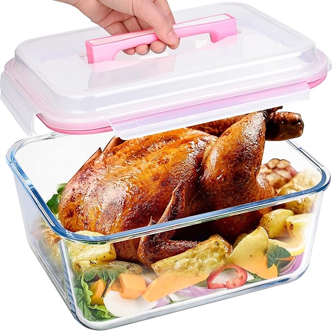 190oz / 24Cup Extra Large Glass Storage Containers with Lids, Glass Bread Box Airtight Bread Container, Ideal Food Storage Containers, Roasting Turkey/Chicken/Cookie, Oven&Dishwasher Safe