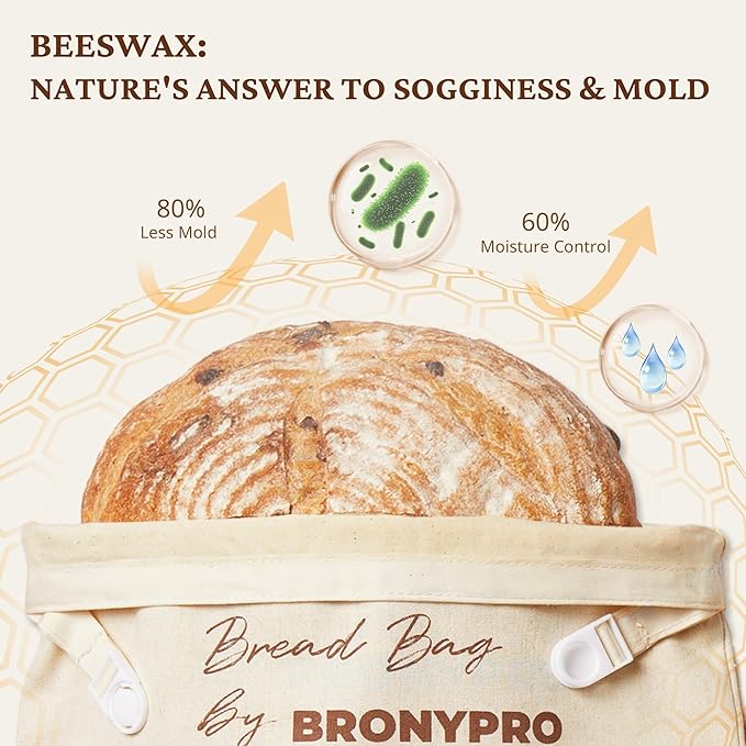BRONYPRO Beeswax Linen Bread Bags for Sourdough,2 Pack Reusable Waxed Bags for Homemade Bread, Eco-friendly Fresh Sourdough Storage for Gifting, XL Capacity (17x13.5 In, Beige