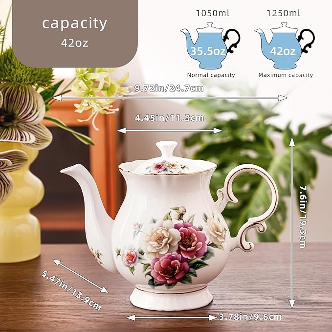 Flower tea pot，35.5oz Ceramic teapot with lid，Vintage teapot for Flower tea，Milk, Coffee