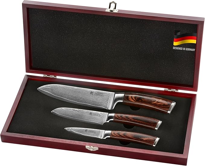 Wakoli EDIB 3-Piece Damascus Kitchen Knife Set in Wooden Gift Box – Sharp Knives Set made of Genuine Damascus Steel (VG10 Core) – Santoku, Small Santoku & Paring Knife – Ergonomic Pakkawood Handles