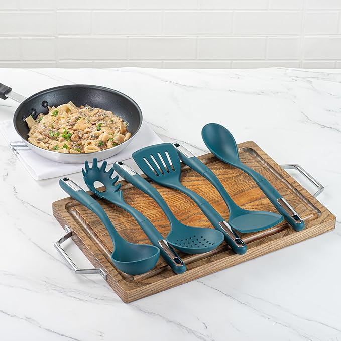 Restaurantware Silicone Utensil Set Pack of 1 Non-Slip Handle 6-Piece Kitchen Tool Set, Heat-Resistant Dishwasher-Friendly Cooking Accessories, Durable Teal Cooking Utensils