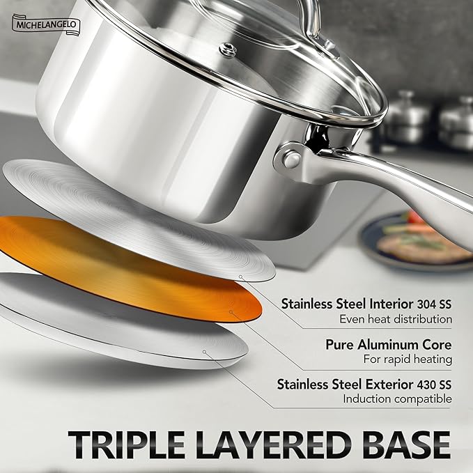 MICHELANGELO 1.5 QT Saucepan with Lid, 18/10 Stainless Steel Sauce Pan with Tri-Ply Bottom, Small Saucepan 1.5 Quart Sauce Pot, Induction Compatible