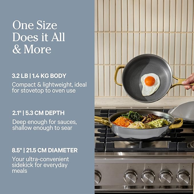 Our Place Titanium Mini Always Pan Pro - 8.5” (1.48 Qt) No-Coating Nonstick Skillet | Tri-Ply Titanium & Stainless Steel | Safe for Oven, Induction & Cooktops up to 750°F | Includes Spatula | Gold