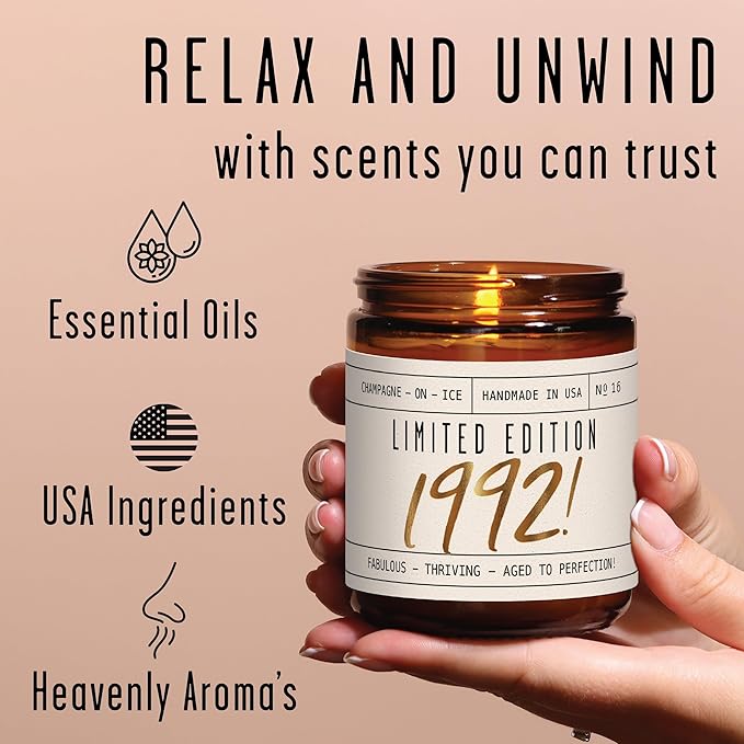 33rd Birthday Gifts for Women - 'Limited Edition 1992' Soy Candle, w/Champagne on Ice I 33 Birthday Gifts for Women I 33rd Gift for Her Ideas I 9oz Reusable Jar, 50Hr Burn, Made in USA