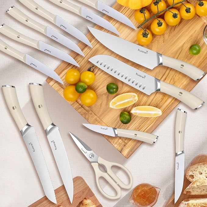 Kuisine Chef Knife Set,High Carbon Stainless Steel Block Knife Set,Knife Block Set with Built-in Sharpener,Sharp Knife Set Forged,Elegant Gift(Ivory,15pcs）