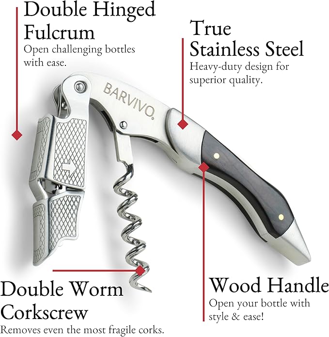 Barvivo Wine Opener with Foil Cutter and Cap Remover - Double Hinged Corkscrew for Bartenders - Stainless Steel Wine Key for Easy Bottle Opening - Manual Wine Bottle Opener - Ebony Wood, 4.7x1.2-Inch