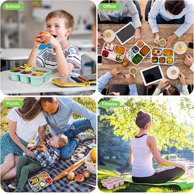 Bento Lunch Boxes - Reusable 5-Compartment Food Lunchables Containers, Snack Boxes For Adults Container for School, Work, and Travel, Set of 4 (Wheat)