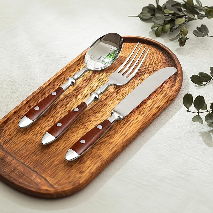 20-Piece Silverware Set for 4, High-end Everyday Flatware Set, Wood Grain Color Handles Cutlery Set, Retro Stainless Steel Forks and Spoons, Utensil Sets for Home Restaurant, Dishwasher Safe