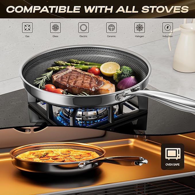 Non Stick Frying Pan Set,Hybrid Nonstick Frying Pan 3 Piece,8,10 &12 Inch Stainless Steel Pans,PFAS PFOA PTFE Free,Stay-Cool Handle,Dishwasher-Friendly,Oven-Safe,Compatible with All Cooktops