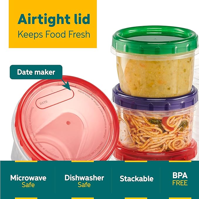 Twist Top Food Storage Containers 16 oz 24 Pack Plastic Freezer Storage Containers Leakproof Reusable with Screw on Colored Lids