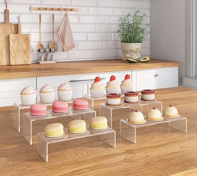 6 Pcs Clear Acrylic Display Riser, Rectangle Acrylic Risers for Display Suitable for Food Dessert, Perfume, Cosmetics, Jewelry, Collectibles, Puppets, Anime Characters