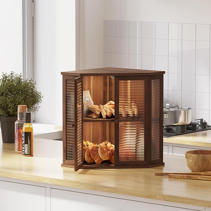 Corner bread box Bread Box for Kitchen Countertop - Corner Bread Storage Box 16.51" H, Premium Acacia Wood with Glass Door, Perfect for Homemade Bread, Baguettes & Pastries(Acacia wood)