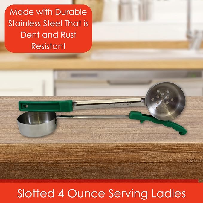 4 Ounce Slotted Stainless Steel Portion Control Ladle Spoon for Measuring and Serving; Commercial Grade Serving Scoops [Pack of 12]