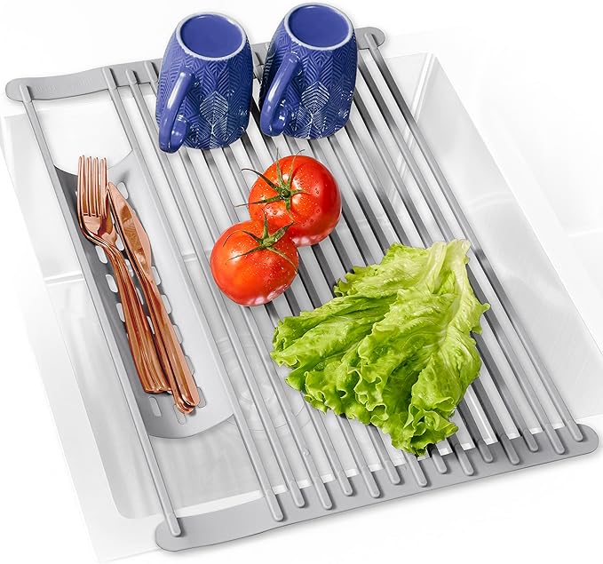 Multipurpose Roll-Up Dish Drying Rack - Silicone Wrapped, Heat-Resistant, Anti-Slip - Perfect for Small Kitchen Sink, 17" x 13"