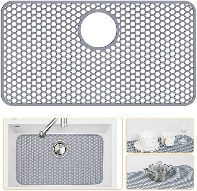 Silicone Sink Protectors for Kitchen Sink with Rear Drain - 26"x 14" Kitchen Protector Accessory, Non-Slip Heat Resistant Grid Mat for Bottom of Farmhous Peorcelain Stainless Steel(Rear Hole)