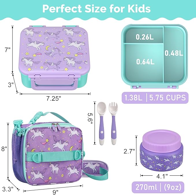 Kids Lunch Box Set with Bento Box, 9oz Stainless Steel Thermos & Insulated Lunch Bag – Hot & Cold Leakproof Lunch Container with Utensils for School & Travel, Purple Set