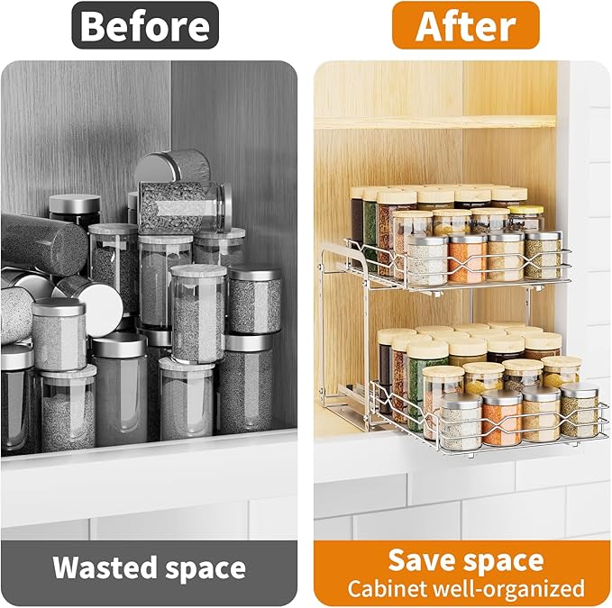 Pull Out Spice Rack Organizer for Inside Cabinet, 2 Tier Spice Rack Spice Organization for Cabinet 6 Height Adjustable, Seasoning Organizer, 9.2"W x 10.4"D x 9.8"H (Also for Cabinet with Lip)