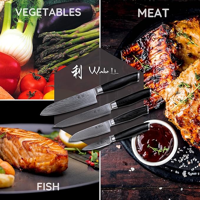 Wakoli Mikata 4-Piece Damascus Knife Set – Professional Kitchen Knife Set with VG10 Core, 67-Layer Damascus Steel and Ergonomic Micarta Handles – Premium Kitchen Knives in Gift Box