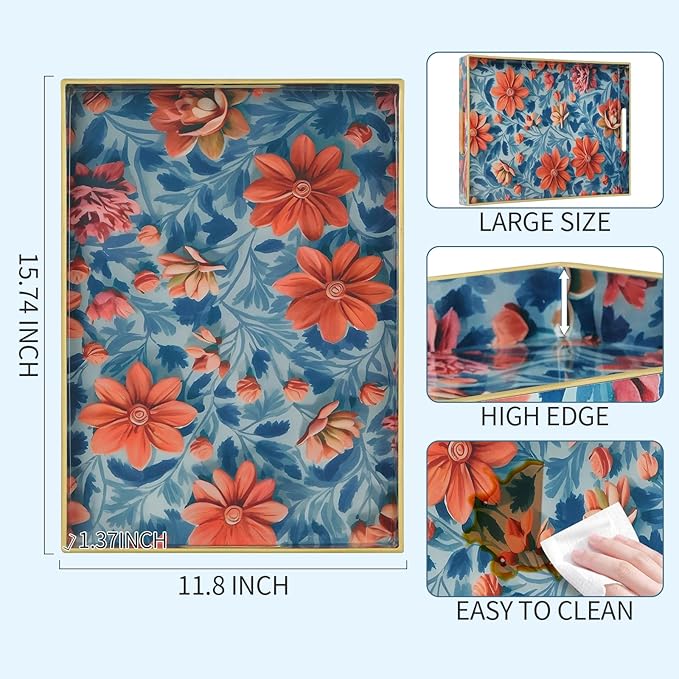 Boho Sturdy Acrylic Serving Tray with Handles,Rectangular Tray for Coffee Table,Food,Breakfast-Kitchen Countertop Tray,Ottoman Tray for Living Room,Plastic Decorative Tray (ART4, 30x40)