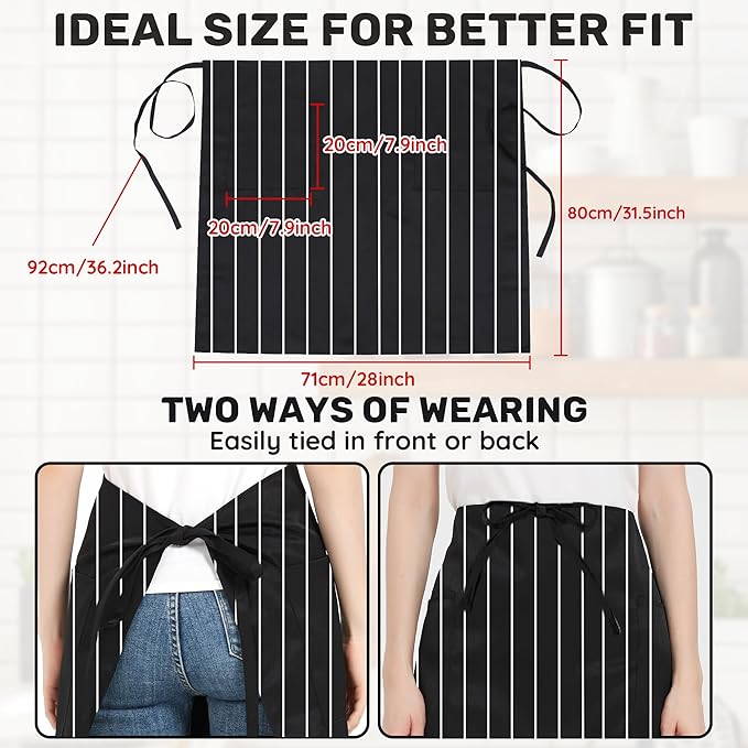 3 Pack Waist Apron with 3 Pockets, Unisex Black Waiter Aprons, Water Resistant Server Aprons for Restaurant Chef Bar