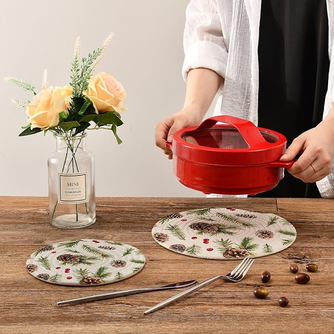 Pine Cones Branches Kitchen Trivets Pot Holders Set of 2, Trivets for Hot Pots Dishes Woven Trivet Coaster Pad Mat for Counter