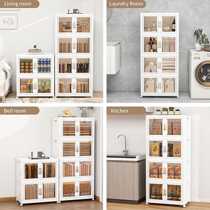 Large Stackable Storage Bins with Lids, 460QT-115QT*4Pack Foldable Cabinet for Closet Organizers, Plastic Storage Containers Box with Wheels