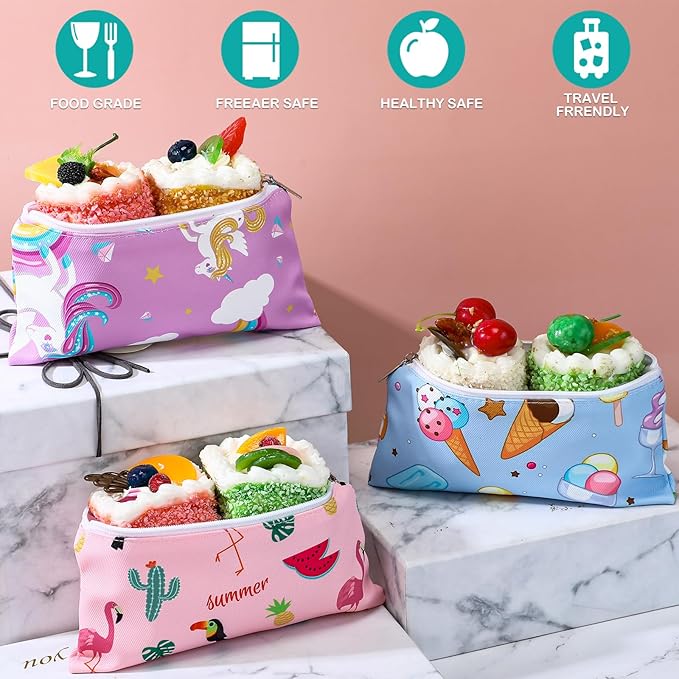 Chumia 6 Pcs Reusable Snack Bags Christmas Gifts Food Safety Washable Snack Bags Lunch with Zipper Portable Sandwich Bag Food Storage Pouch Double Layer(Cute,6.9 x 3.7 Inches)