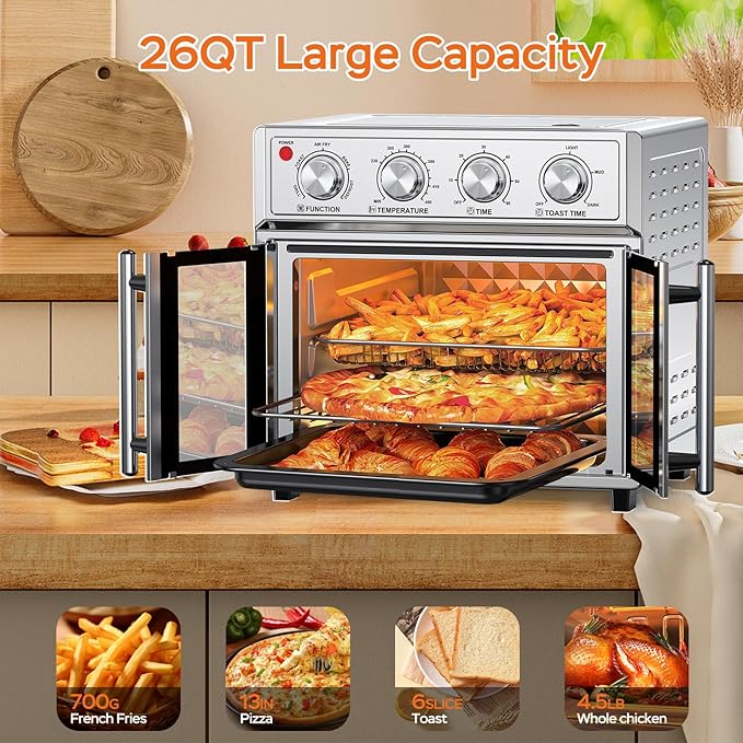 PlumChef 29.5QT Large capacity French Double-Door Air Fryer Convection Toaster Oven,1700W,7 Preset Menus,7-in-1 Multi-Function for Bake, Roast, Grill, Toast,Dehydrate& Defrost, Stainless Steel,silvery