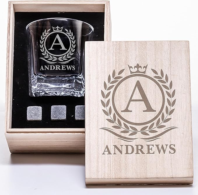Personalized Name Monogram Whiskey Glass Gift Set - 4 Designs Custom Gift For Him - Personalized Bourbon Cup - 11 oz Engraved Monogram Scotch Glass in Wooden Box - Whiskey Gifts For Men