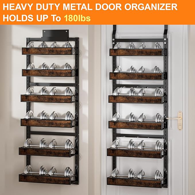 Over The Door Pantry Orangizer,6 Tier Wall Mounted or Hanging Spice Rack with Adjustable Wood Basket,Metal Heavy Duty Behind Door Storage Shelf for for Kitchen Pantry and Bathroom