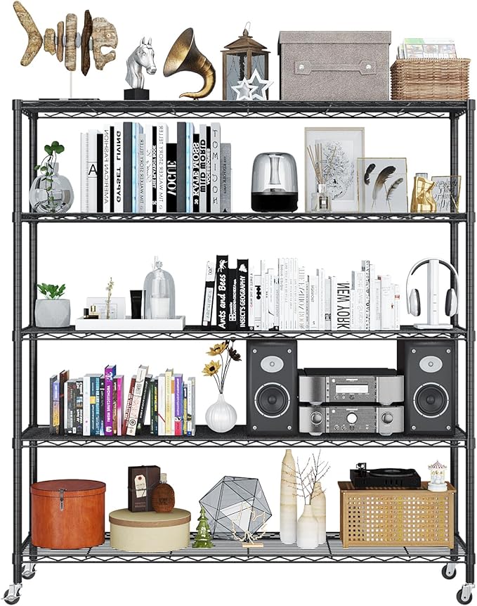 Karl home 5-Tier Adjustable Metal Storage Shelves, Wire Shelving Unit with Wheels & Leveling Feet, Heavy Duty Garage Shelving, Pantry & Kitchen Display Shelf Organizer, Home Storage Rack