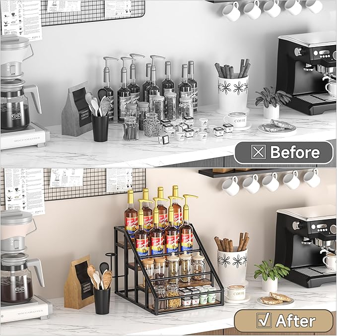 Coffee Syrup Rack Organizer, Spice Racks, Syrup Bottle Holder Stand for Coffee Bar, 4-Tier 16 Bottles Storage Shelves for Syrup, Wine, Dressing for Kitchen Countertop, Rustic Brown & Black