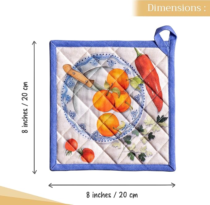 Maison d' Hermine Pot Holders Set 100% Cotton Heat Resistant Potholders 8" x 8" Hot Pads with Loop BBQ, Cooking, Baking, Grilling, Kitchen, Handling Hot Pans Spring/Summer (Pack of 2, Gourmand)