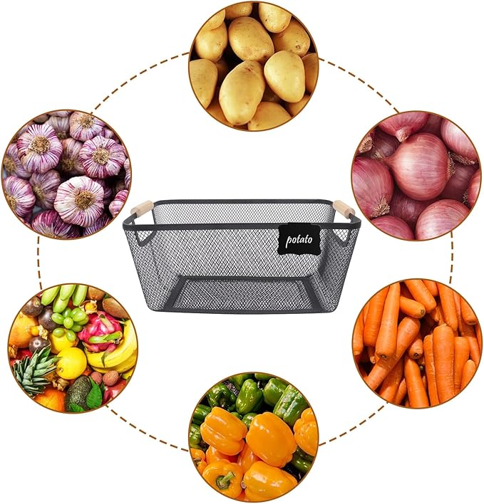 Potato and Onion Storage Bin with Garlic Bin, 3 Set Potato Bin Onion Container Garlic Keeper with Wooden Handle, Pantry Kitchen Metal Mesh Basket for Fruits, Vegetables and Produce-Black