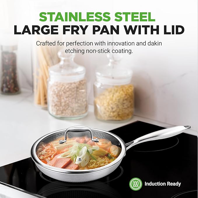 NutriChef 12" Stainless Steel Frying Pan with Lid- Triply Hybrid Large Skillet, Scratch-resistant Raised-up Honeycomb Fire Textured Pattern, Oven & DIshwasher Safe, NC3PL12
