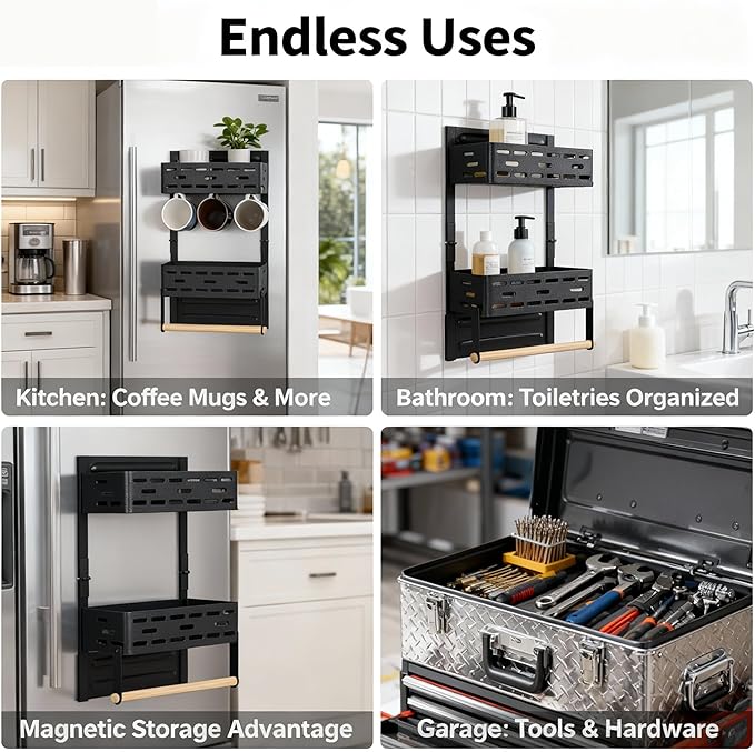 2-in-1 Magnetic Spice Rack & Paper Towel Holder for Fridge - 4 Hooks Kitchen Space Saver, Black Fridge Magnet Organizer