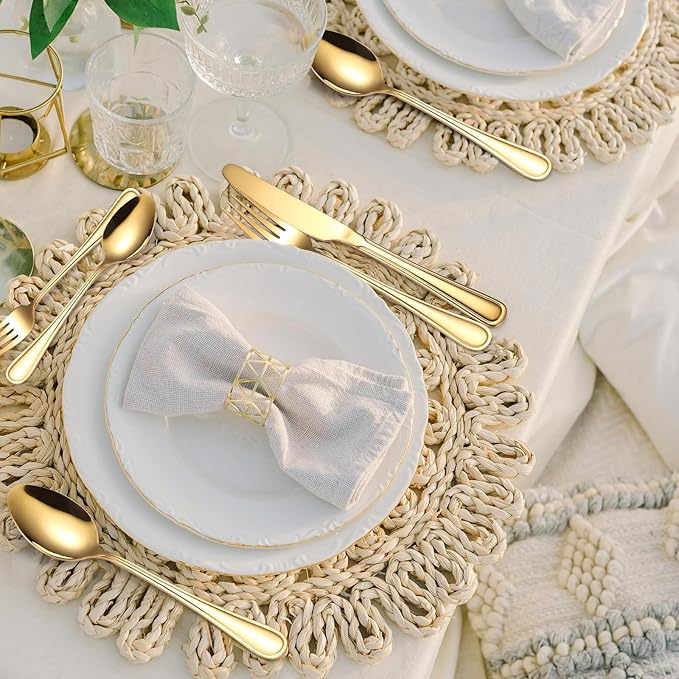 Gold Silverware Flatware Set for 4 Person Luxury Stainless Steel Cutlery 20 Pieces Forks Knives Spoons Modern Eating Utensils Double Line Edges Handle