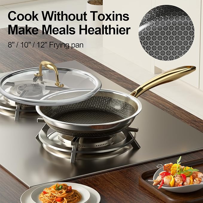 Fogdream 8"10"12" Stainless Steel Pan, Non Stick Frying Skillet with Lid, Tri-Ply Stainless Steel for All Cooktops, Dishwasher and Oven-Safe Cooking Pan, Stay-Cool Handle, Gold