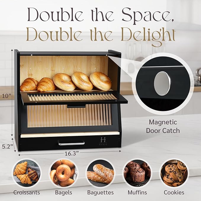 Bread Box for Kitchen Countertop - Bamboo Wood Breadbox with Knife Storage, Ventilation Holes - Farmhouse Loaf Organizer, Versatile 2 Layer Bread Storage Container for Snacks Mugs Spices