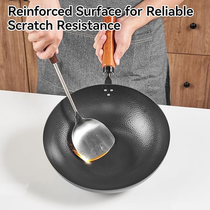 11 Inch Iron Wok, Cold-Forged Iron Wok with Glass Lid, Heavy-Duty Stir Fry Pan, Round Bottom Wok Pan with Wooden Handle for Gas Stoves and Round-Bottom Induction Stovetop