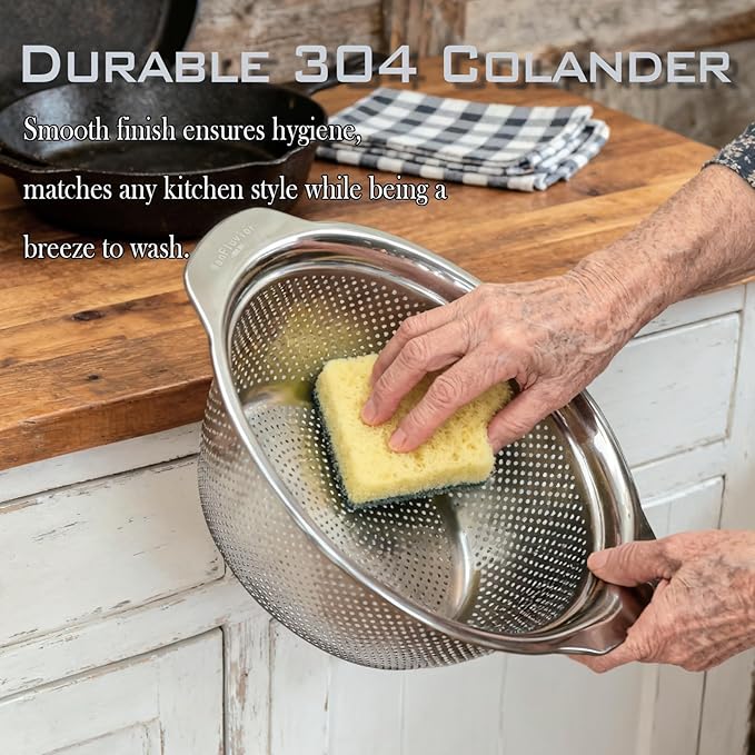 2PCS 3.5-Quart Kitchen Strainer Colander Made of 304 Stainless Steel with Handle Ideal for washing fruits, vegetables, and pasta Easy to clean