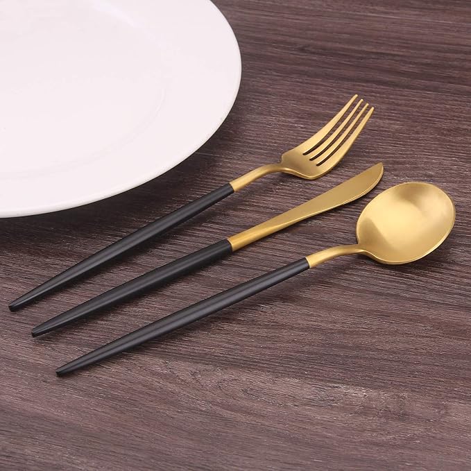 Matte Gold Silverware Set with black handle, Bysta 20-Piece Stainless Steel Flatware Set, Kitchen Utensil Set Service for 4, Tableware Cutlery Set for Home and Restaurant, Dishwasher Safe