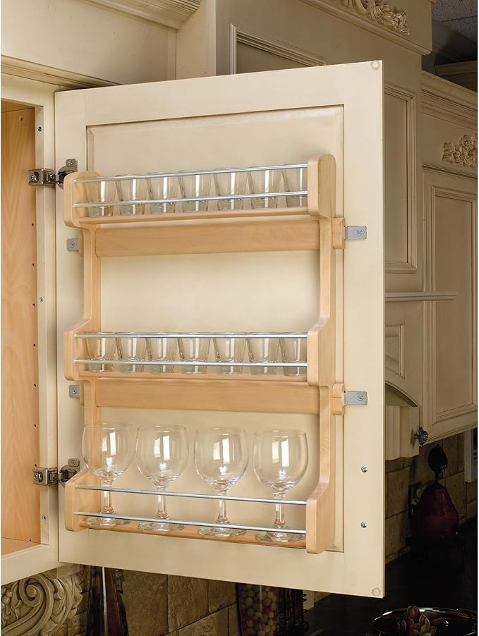 Rev-A-Shelf 21" 3 Tiered Pull Out Shelf Organizer for Kitchen Cabinets, Pantry Storage Spice Seasoning Rack, Door/Wall Mounted, Maple Wood, 4SR-21