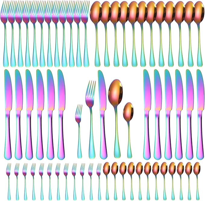 Rainbow Silverware Set for 12 Colored Flatware 60 Pieces Stainless Steel Cutlery Colorful Spoon Fork Knife Kitchen Utensils Restaurant Festival Parties Everyday Use