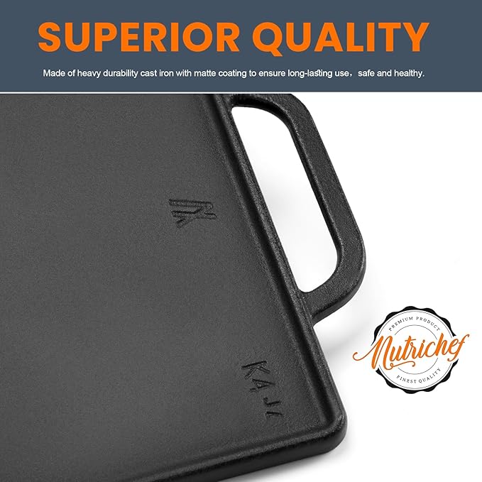 GGC Cast Iron Reversible Grill Griddle for Stove Top, Flat Griddle for Gas Grills, Flat and Ribbed Double-Side to Use, Non-Stick Griddle Plate Top Outdoor Cooking (20" x 9")
