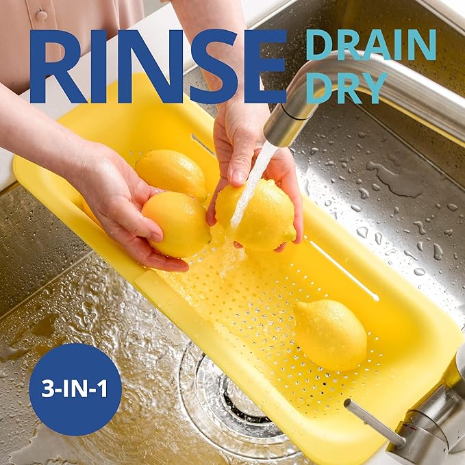 BLUE GINKGO Over the Sink Colander Strainer Basket - Wash Vegetables and Fruits, Drain Cooked Pasta and Dry Dishes - Extendable - New Home Kitchen Essentials (7.9 W x 14.5-19.5 L x 2.75 H) - Yellow