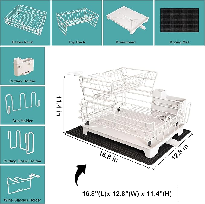 BOOSINY 2 Tier White Large Stainless Steel Dish Drainers Drying Rack for Kitchen Counter with Drainboard, Rust Proof Metal, Space Saving, Modern Aesthetic, Compact Plates Strainers with Extra Mat