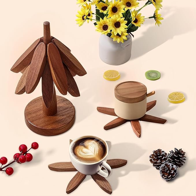 Wooden Trivets for Hot Dishes，Natural Tree Trivet Set，4 Walnut Wood + 1 Stand stored Like a Christmas Tree.Wooden Tree Coasters,Trivets for Hot Pots and Pans.