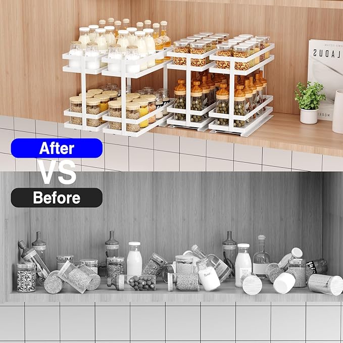4 Pack Pull Out Spice Rack Organizer for Cabinet, 2 Tier Metal Slide Out Seasoning Organizer and Storage Heavy Duty Vertical Spice Rack Shelf Pullout for Kitchen Cabinets No Drilling (White)